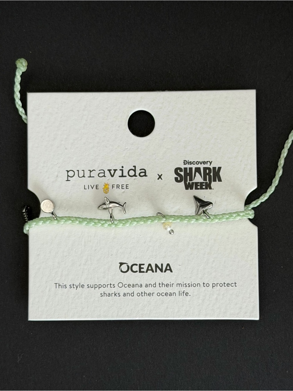 Pura Vida Mint Green Braided Charm Bracelet with Silver Shark Tag